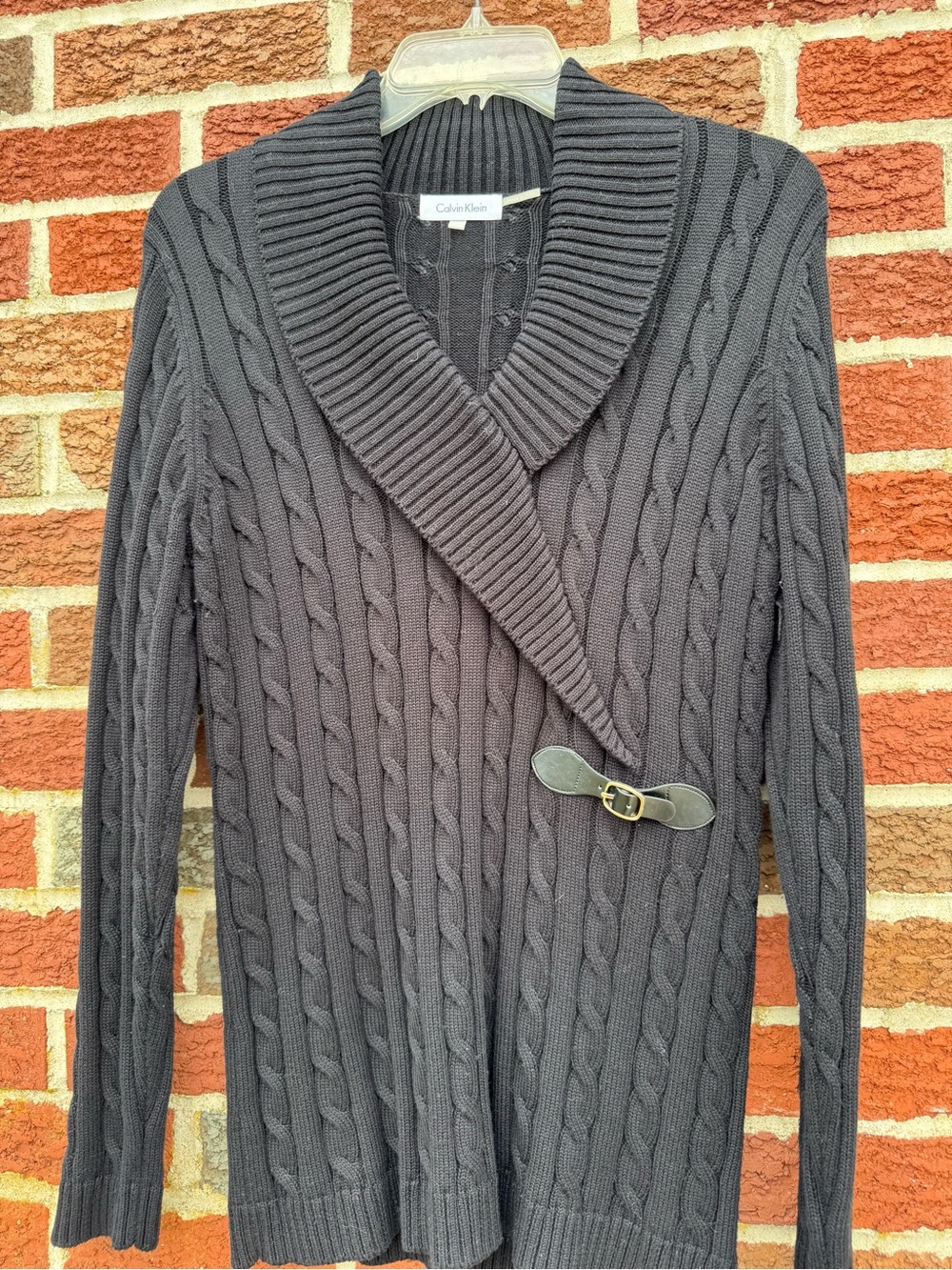 Calvin Klein Black Cable Knit Cardigan with Shawl Collar
